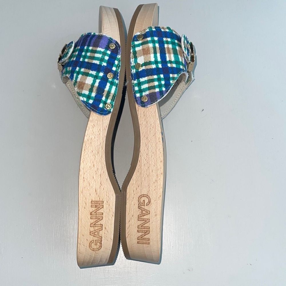 Ganni Dr Scholl’s Wooden‎ Clogs in Check Blue Iris Size 10 New - Picture 4 of 11